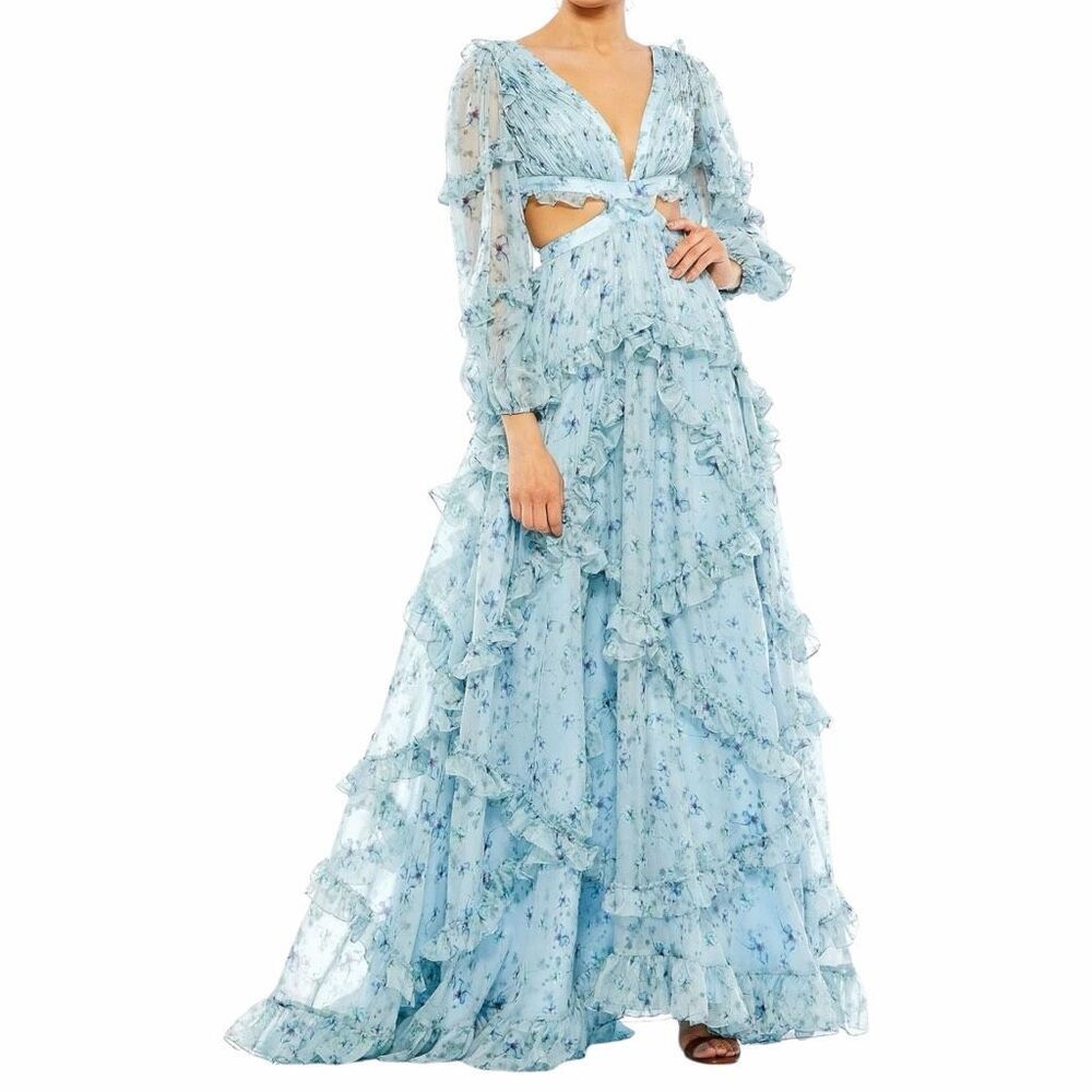 NEW Mac Duggal 70249 Blue Floral Ruffle Gown Size 2 Ethereal Maxi Dress